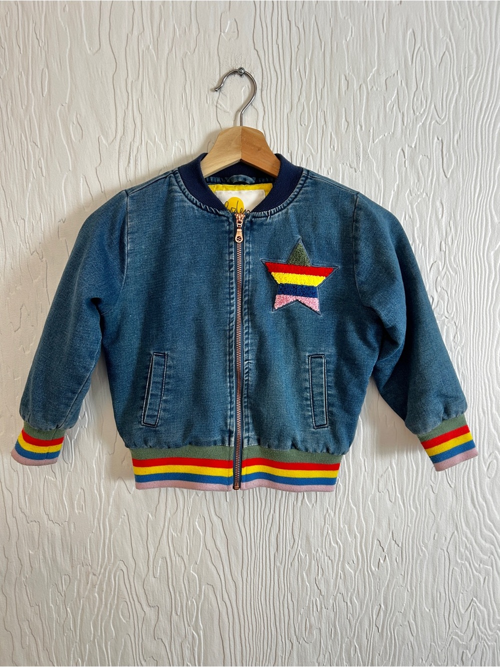 MINI BODEN Denim Rainbow Bomber Jacket 6-7 Unisex Kids Maximalist Whimsical